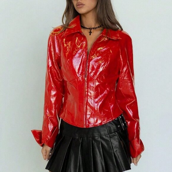 Red Party Women's Sexy Glossy faux Leather Jacket - Picture 3 of 8
